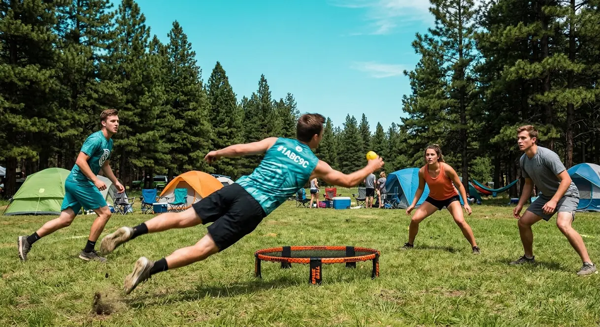 Four young adults playing Spikeball at a campsite clearing, an active outdoor camping game