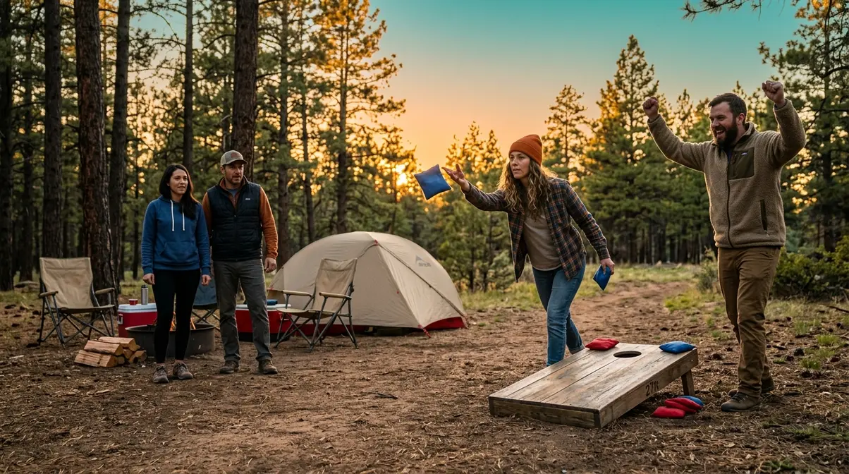 Two adult couples playing Cornhole yard game at a campsite during golden hour