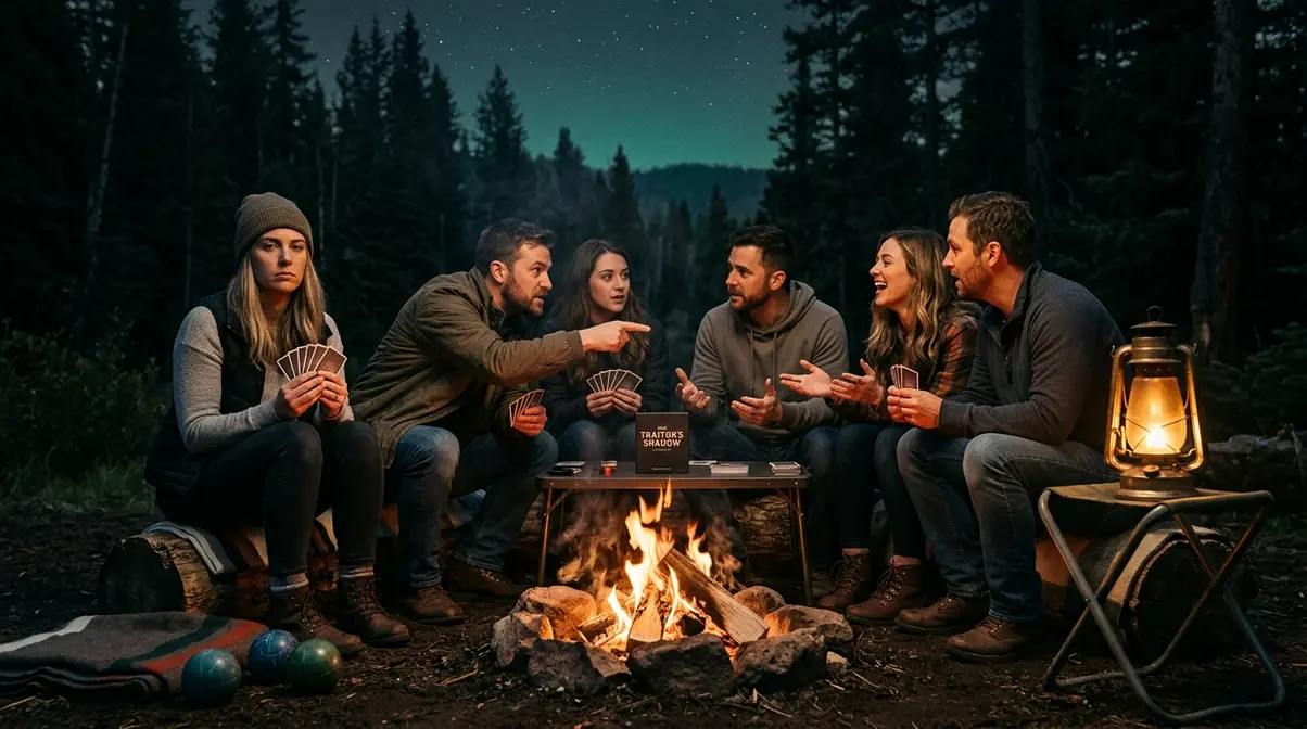 Group of adults playing social card games and group camping games around a campfire at night