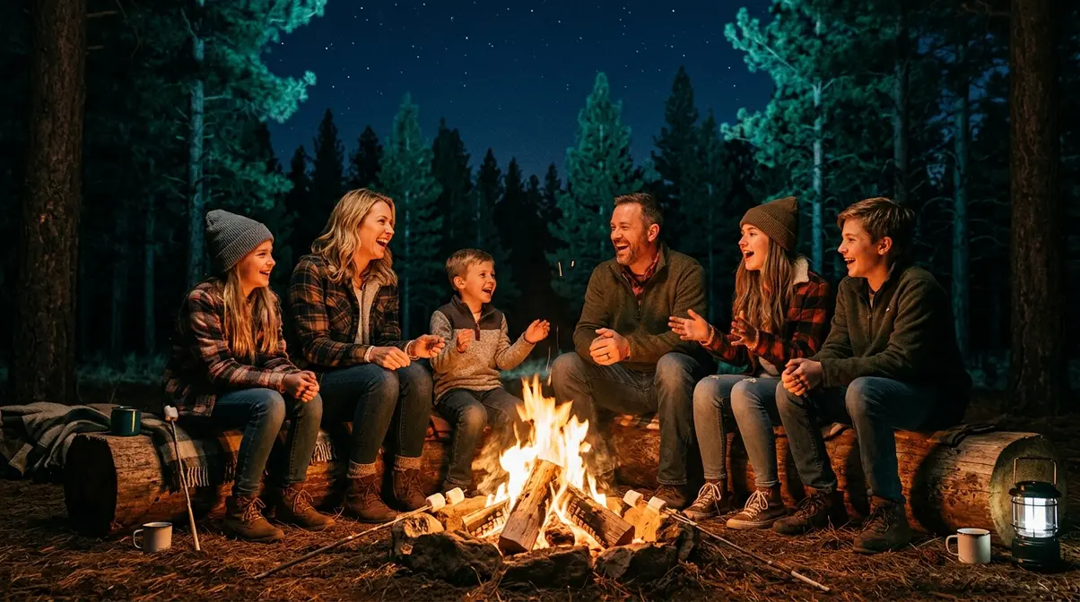 Family seated around a glowing campfire at night playing spoken campfire games together