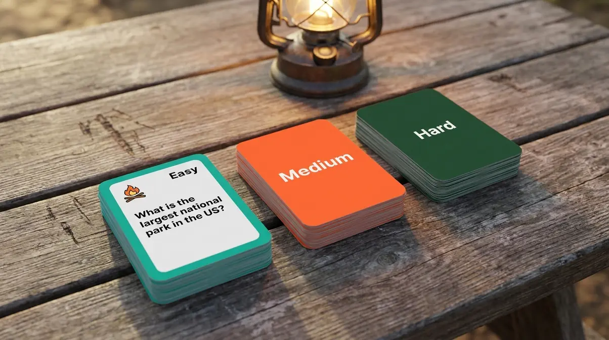 Printable campfire trivia cards for family camping nights sorted by difficulty level