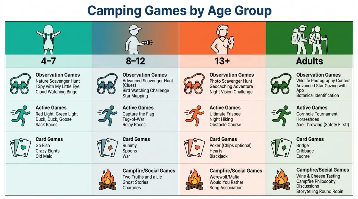 Camping games for families age group comparison chart showing picks for ages 4 through adult