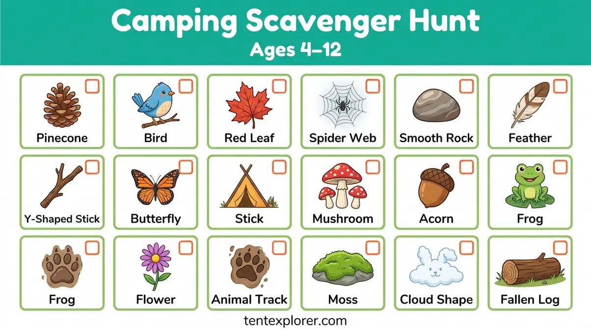 Printable camping scavenger hunt checklist for kids ages 4 to 12 with nature items to find outdoors