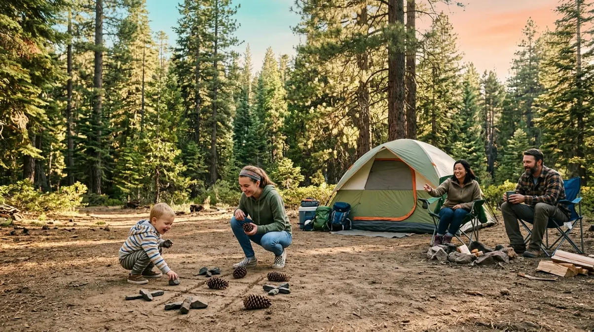 Family of five playing outdoor camping games for all ages at a pine forest campsite