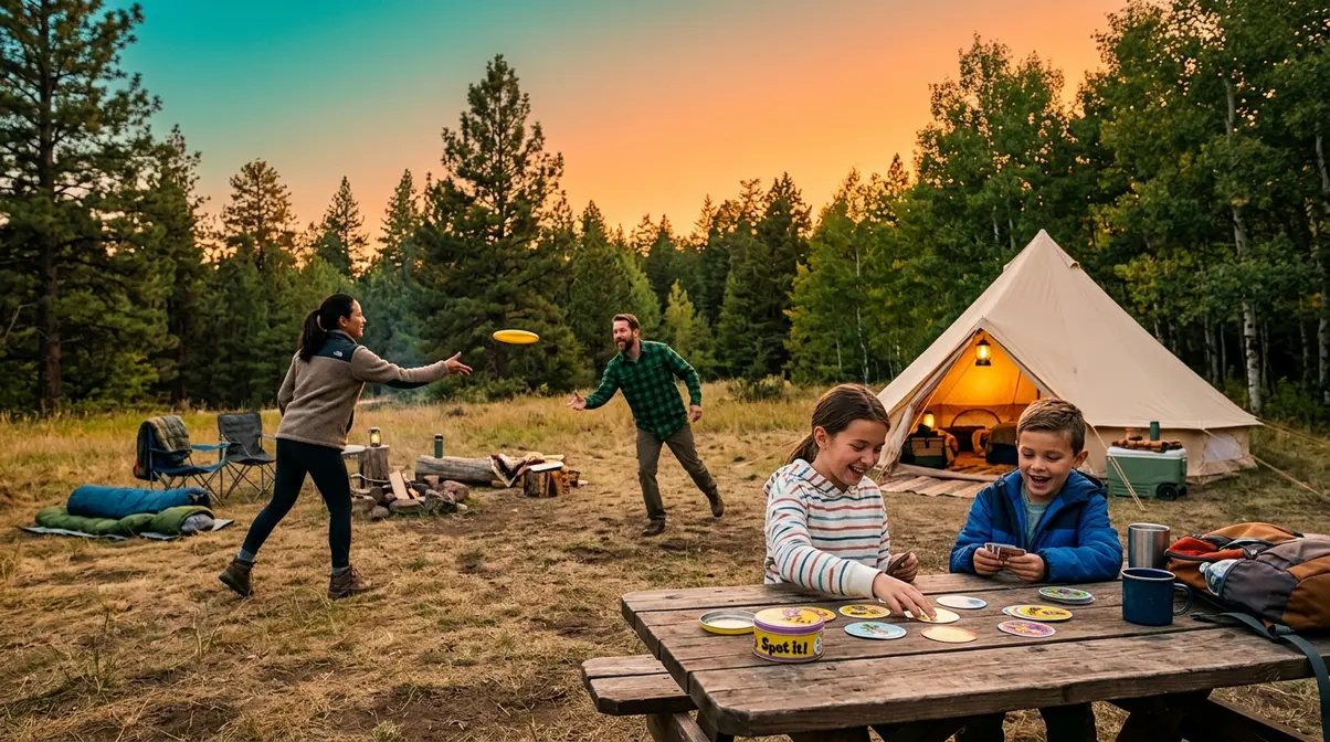 Family playing core camping games at a picnic table and open clearing near their campsite