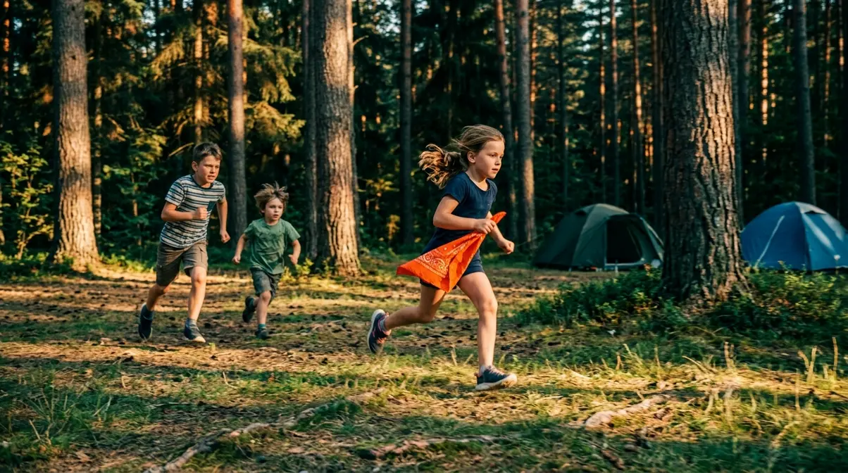 Three kids playing Capture the Flag at a forest campsite during an active outdoor camping game