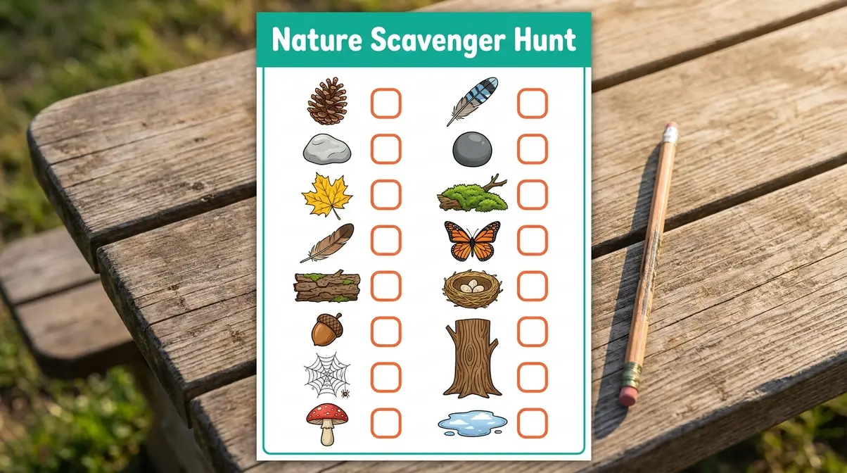 Printable kids camping scavenger hunt checklist with 15 nature items to find at the campsite