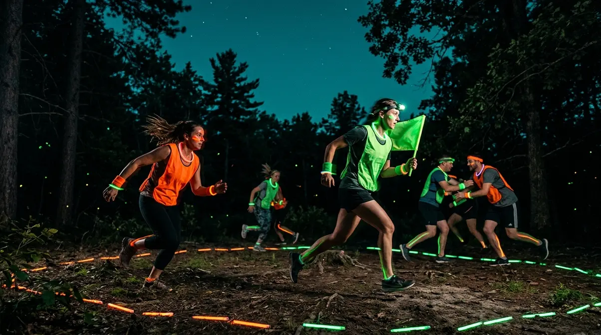 Adults playing glow-in-the-dark capture the flag with glow stick bracelets at night in a forest