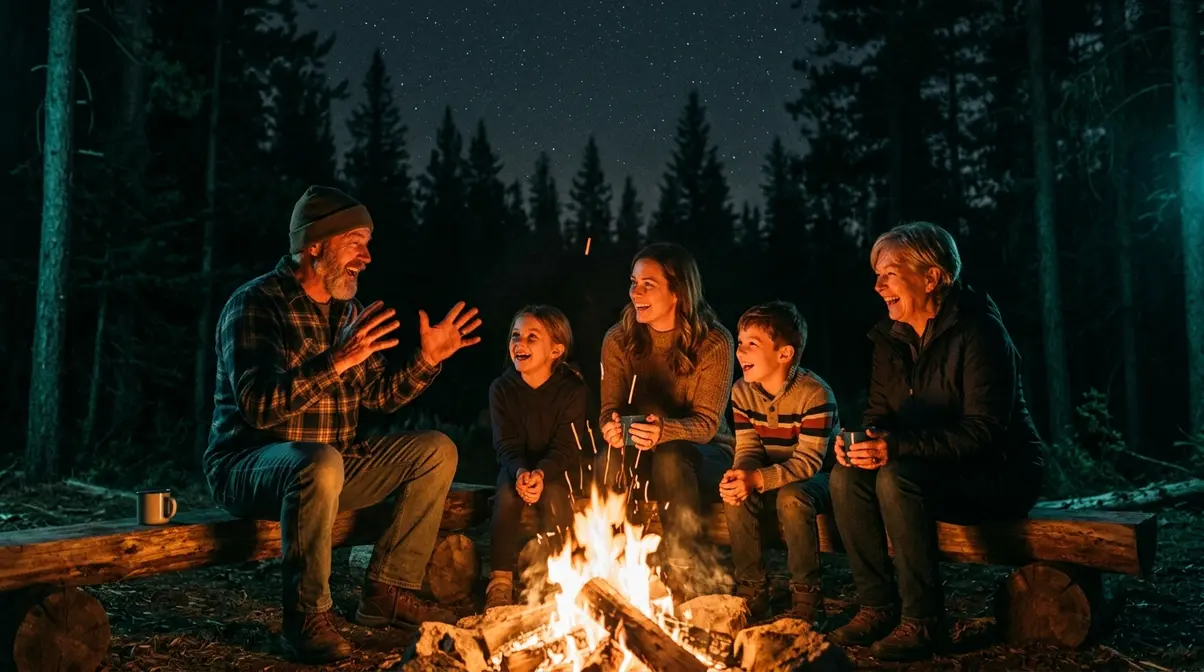 Family playing no-equipment verbal camping games around a crackling campfire at night