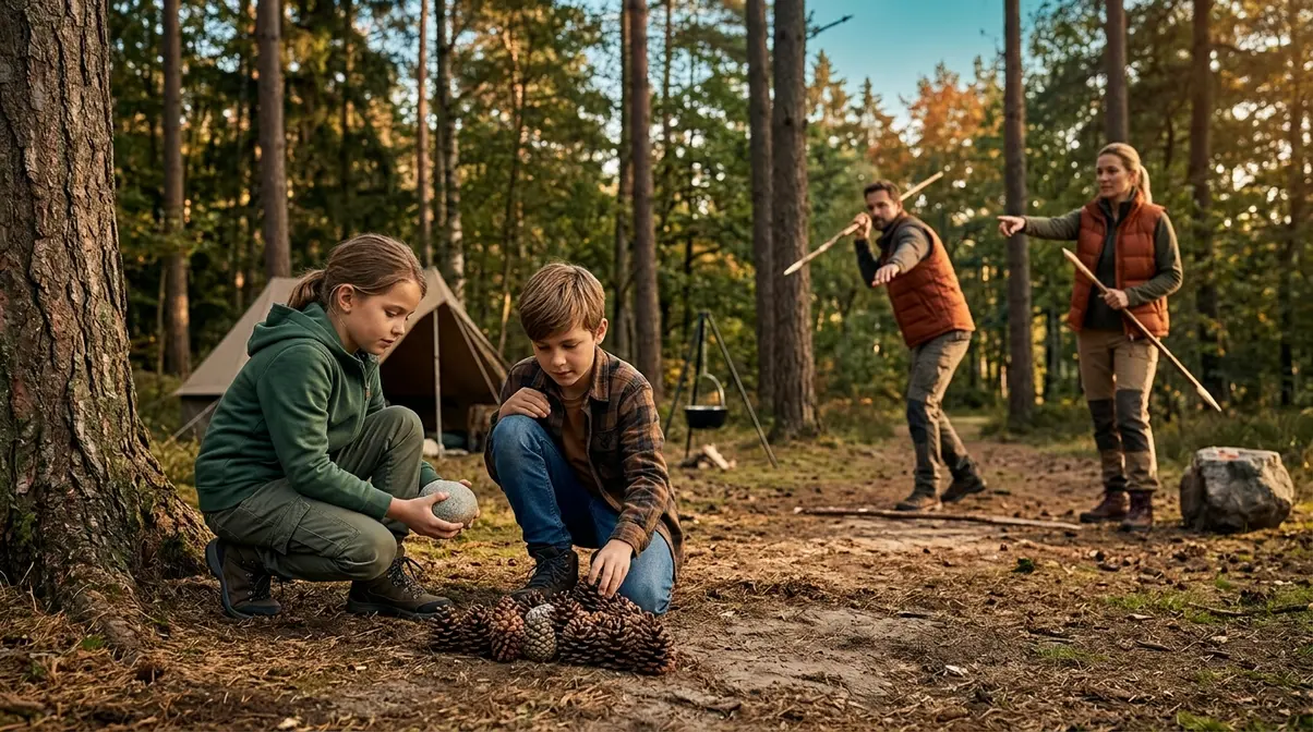 Family playing no-equipment DIY camping games using pinecones and sticks found at the campsite
