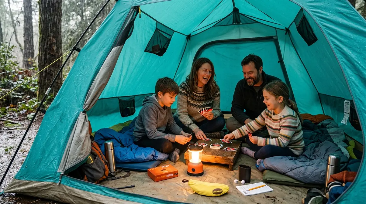 Family playing compact card games inside a tent on a rainy camping day with Exploding Kittens and Uno