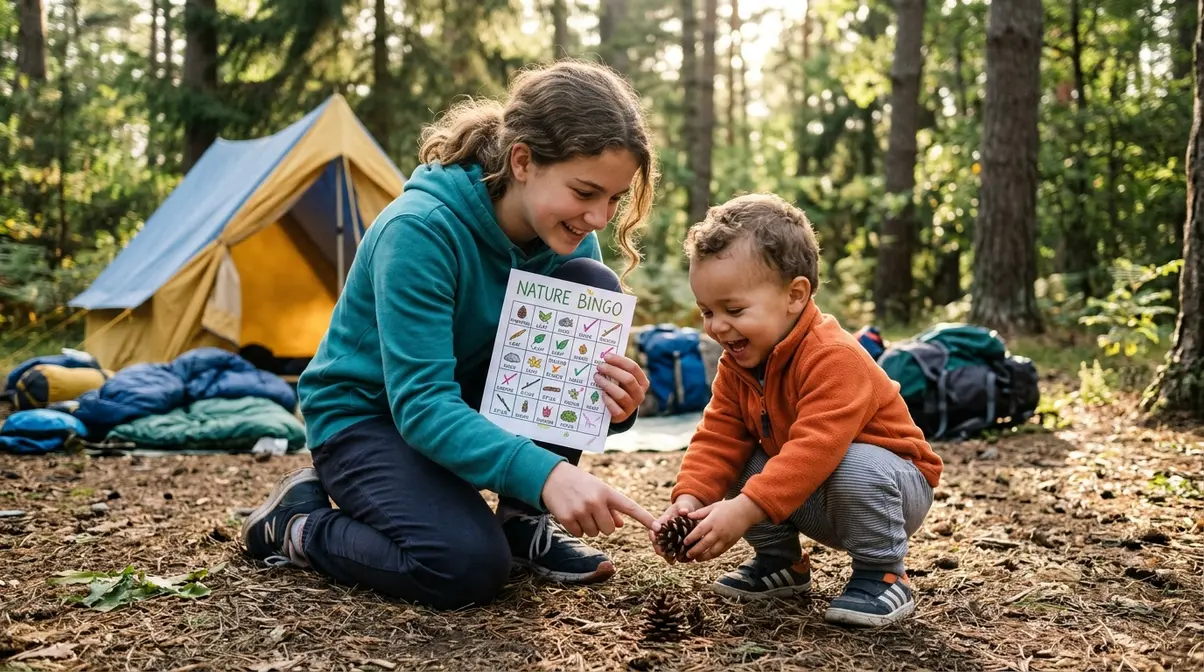Teenager and toddler playing Nature Bingo together at a campsite, camping game for mixed ages