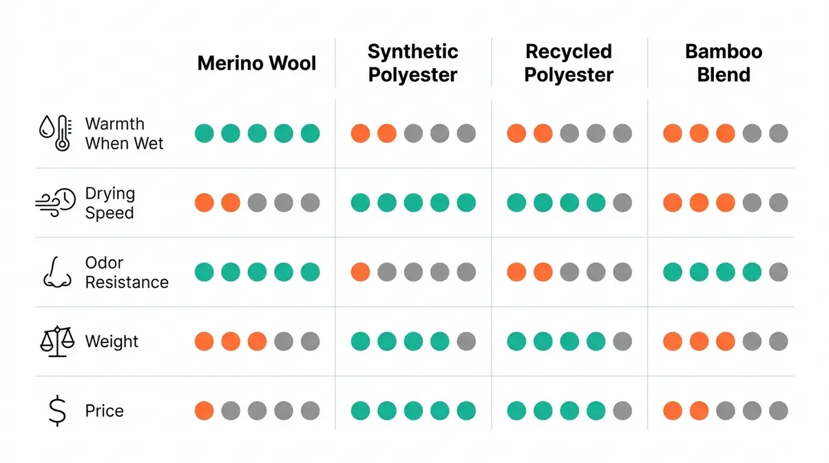 Camping base layer material comparison matrix showing merino wool vs synthetic polyester performance ratings
