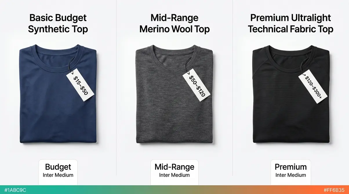 Camping gear budget tiers comparison showing budget mid-range and premium base layer options side by side