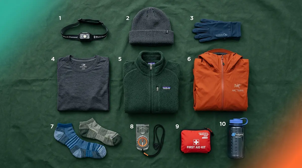 Essential camping gear checklist flat lay showing clothing layers headlamp socks and navigation tools