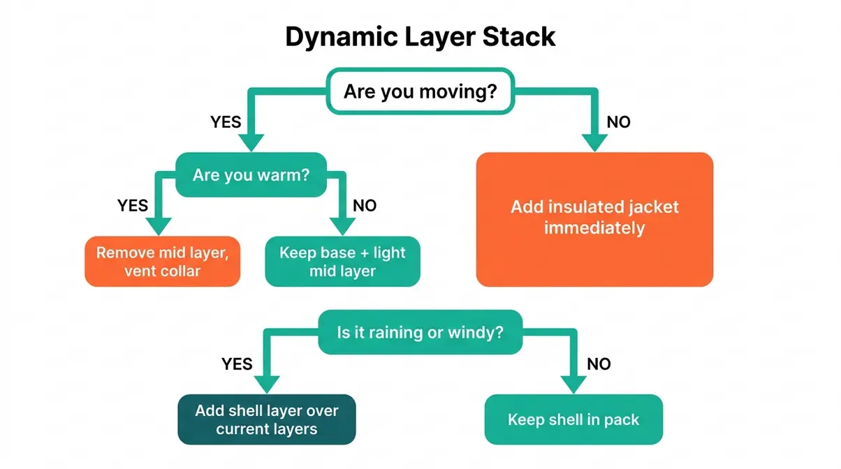 Dynamic layer stack camping gear adjustment flowchart for beginners showing moving stopped warm cold decisions