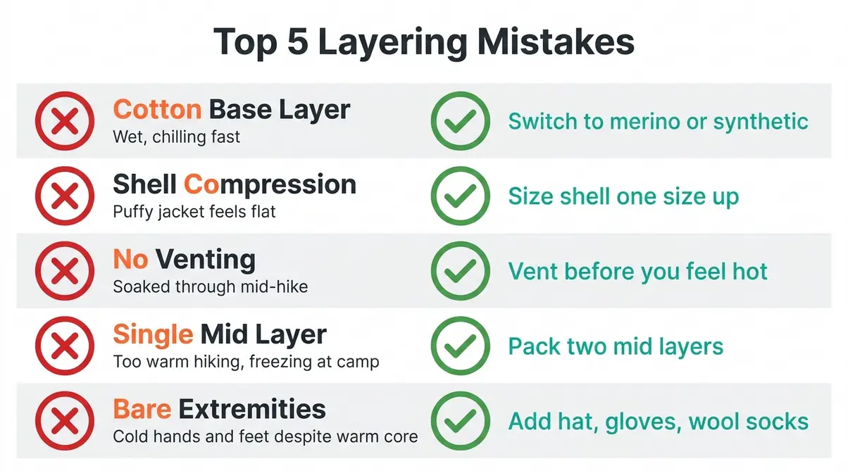 Camping gear layering mistakes diagnostic checklist for beginners showing five mistakes symptoms and fixes