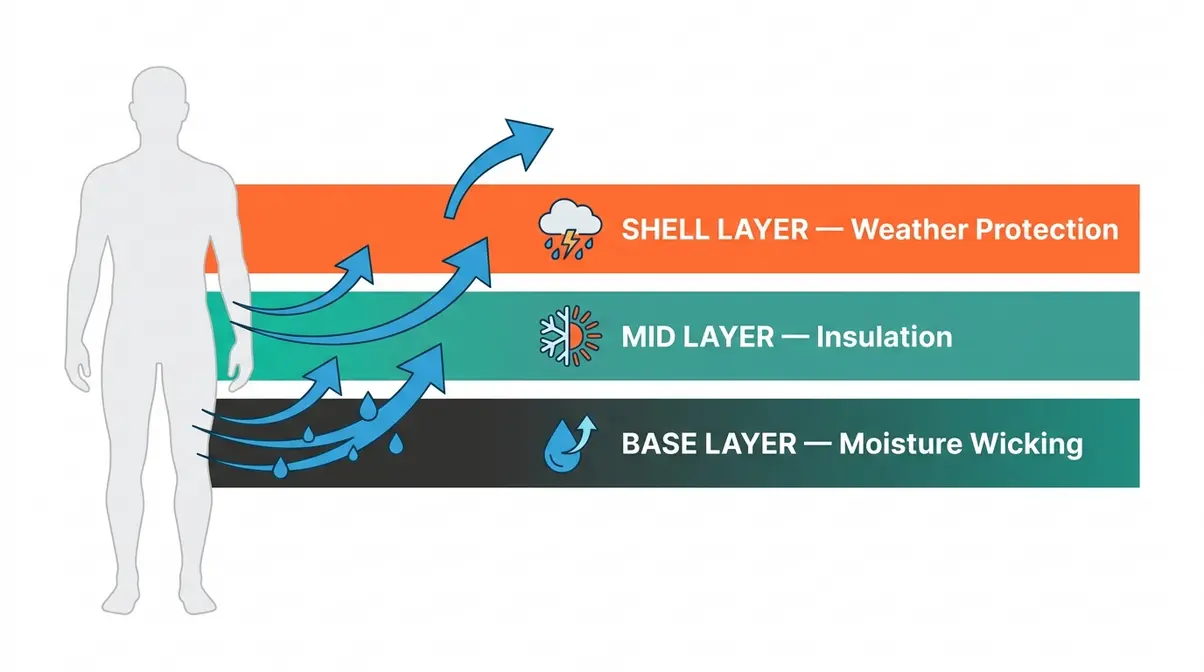 Camping gear layering 3-layer system diagram showing base mid and shell layers with moisture arrows