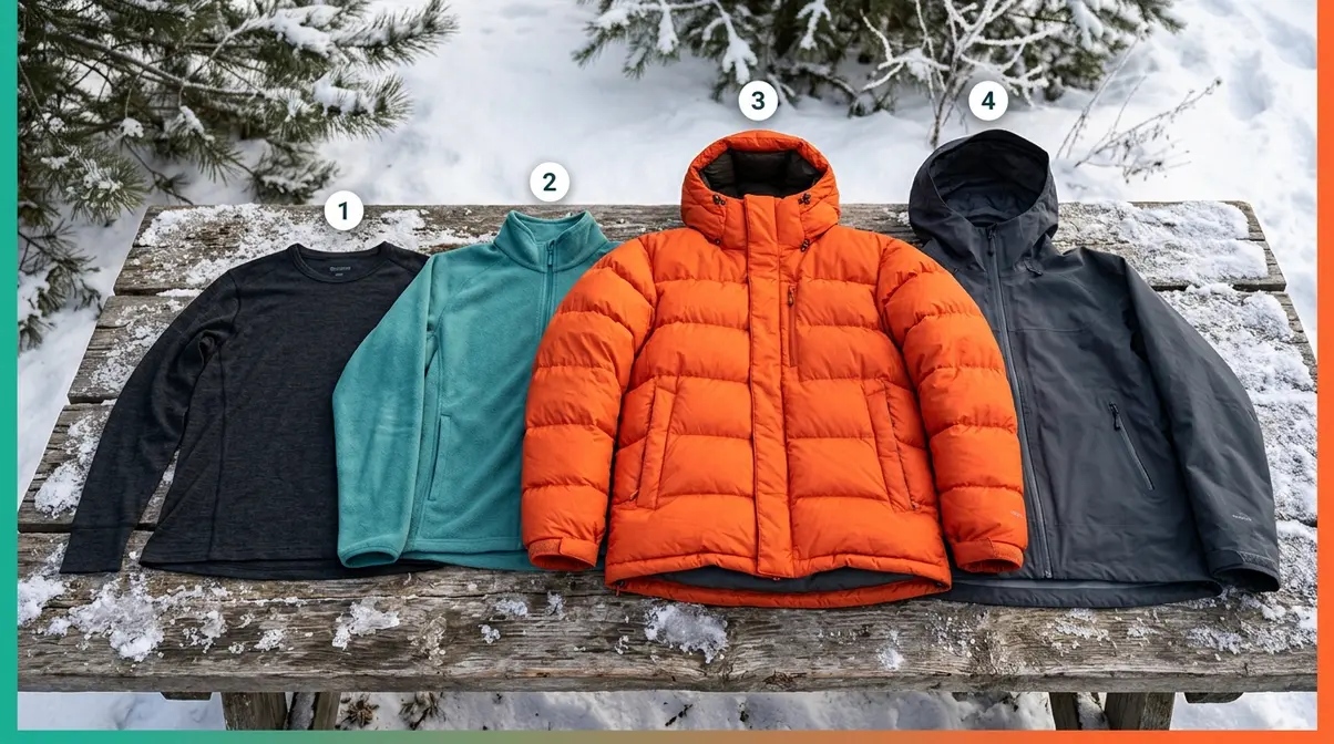 Winter camping four-layer system showing base fleece insulated parka and hardshell jacket in sequence