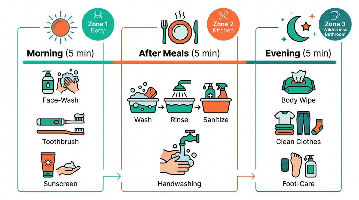 3-Zone Clean Camp System daily camping hygiene routine diagram with morning midday evening tasks