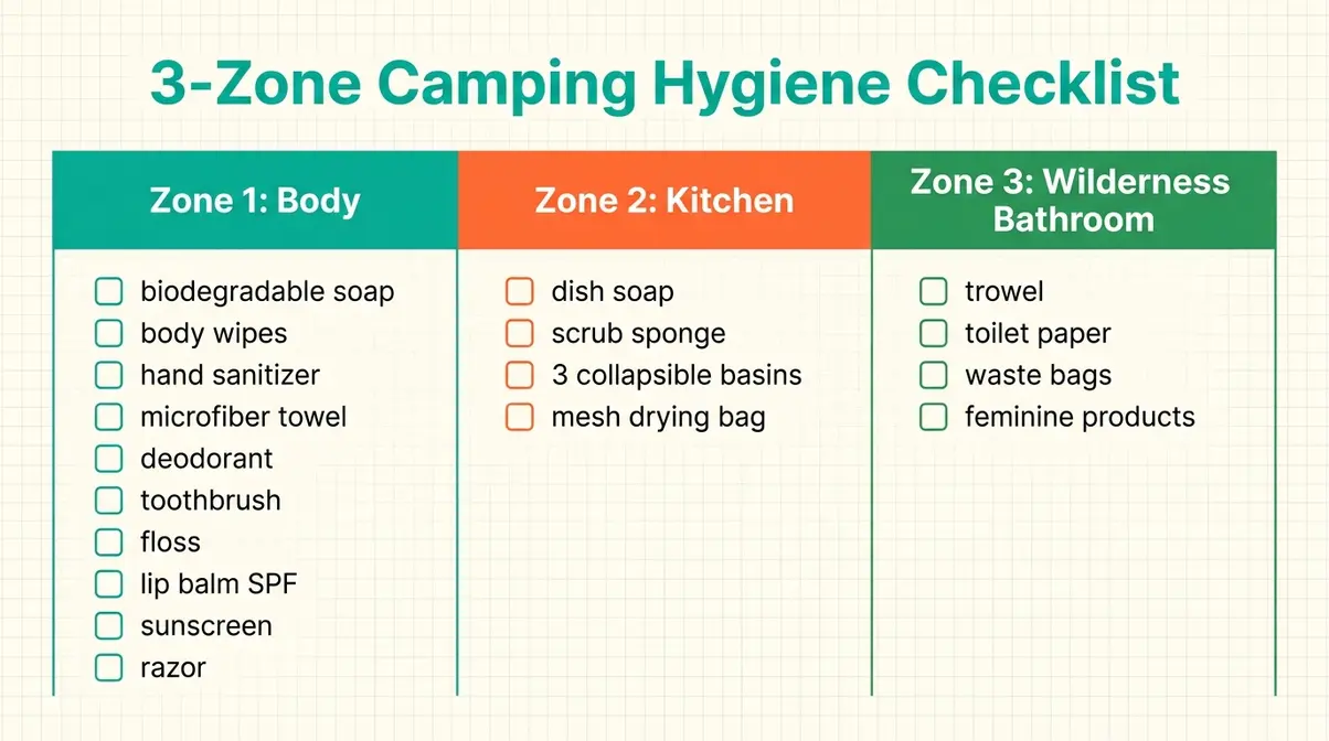 Printable camping hygiene checklist 3-zone system for beginners with Body Kitchen Wilderness zones