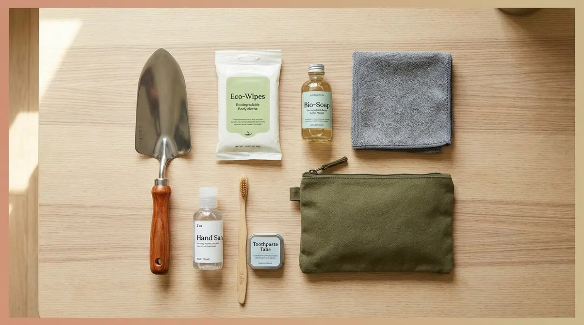 Camping hygiene tips essential kit flat-lay with trowel, wipes, and biodegradable soap