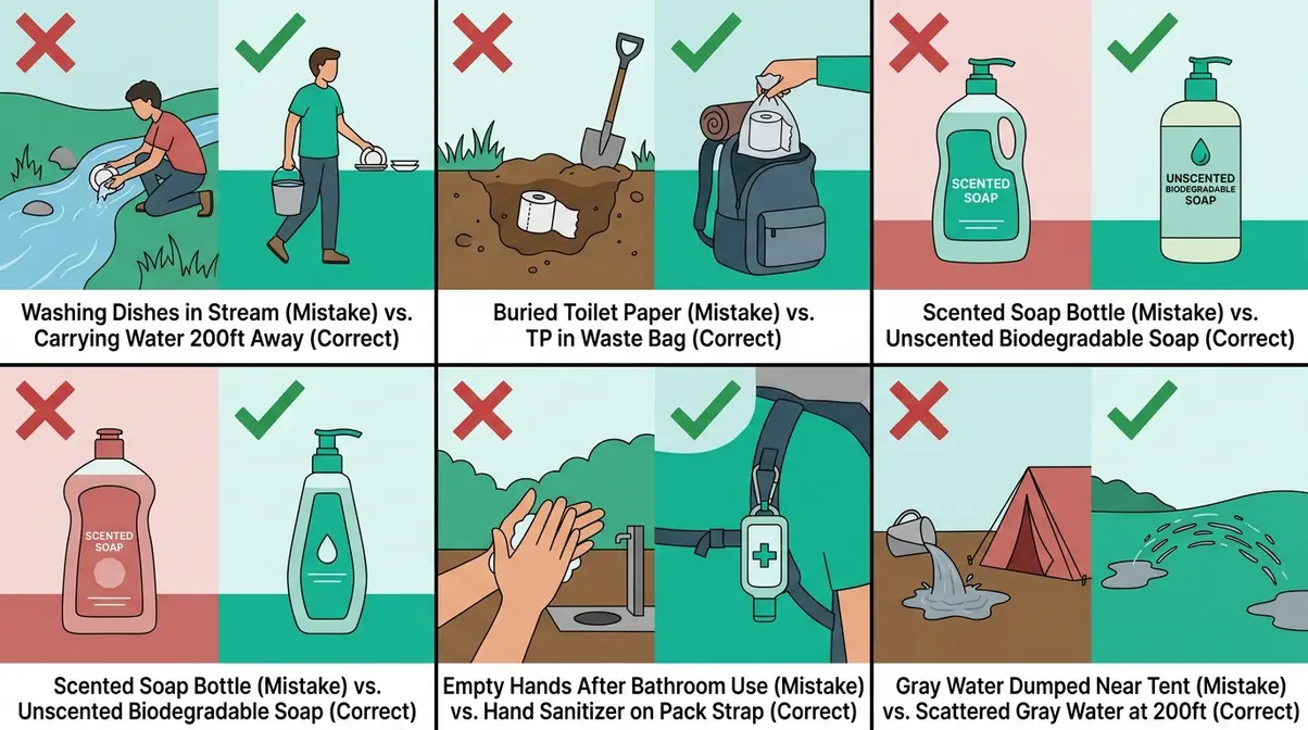 Common camping hygiene mistakes to avoid showing correct and incorrect practices for outdoor hygiene