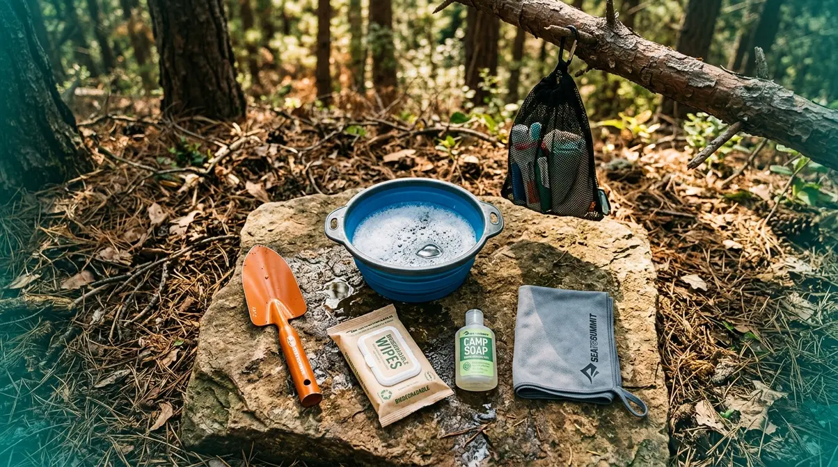 Practical camping hygiene techniques setup showing wash basin trowel wipes and biodegradable soap at campsite