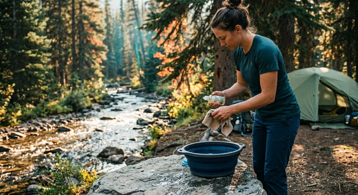 Camping hygiene tips for women showing backcountry wash routine with biodegradable soap and collapsible basin