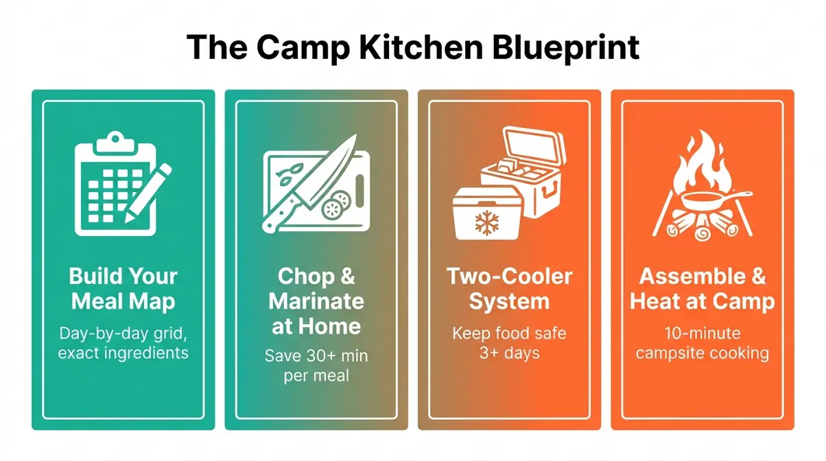 Four-step Camp Kitchen Blueprint infographic showing Plan, Prep, Pack, Execute stages for camping meal prep