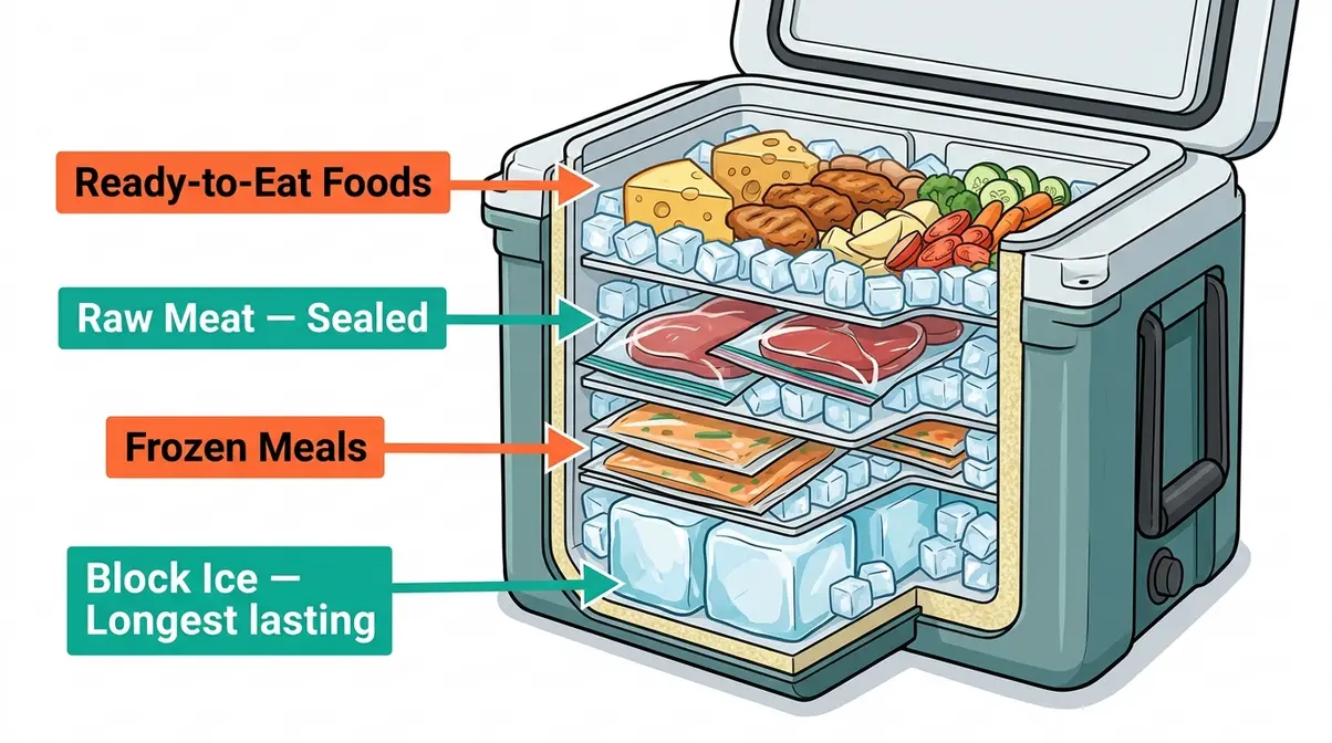 Camping cooler packing layers diagram showing block ice, frozen meals, raw meat, and ready-to-eat food order