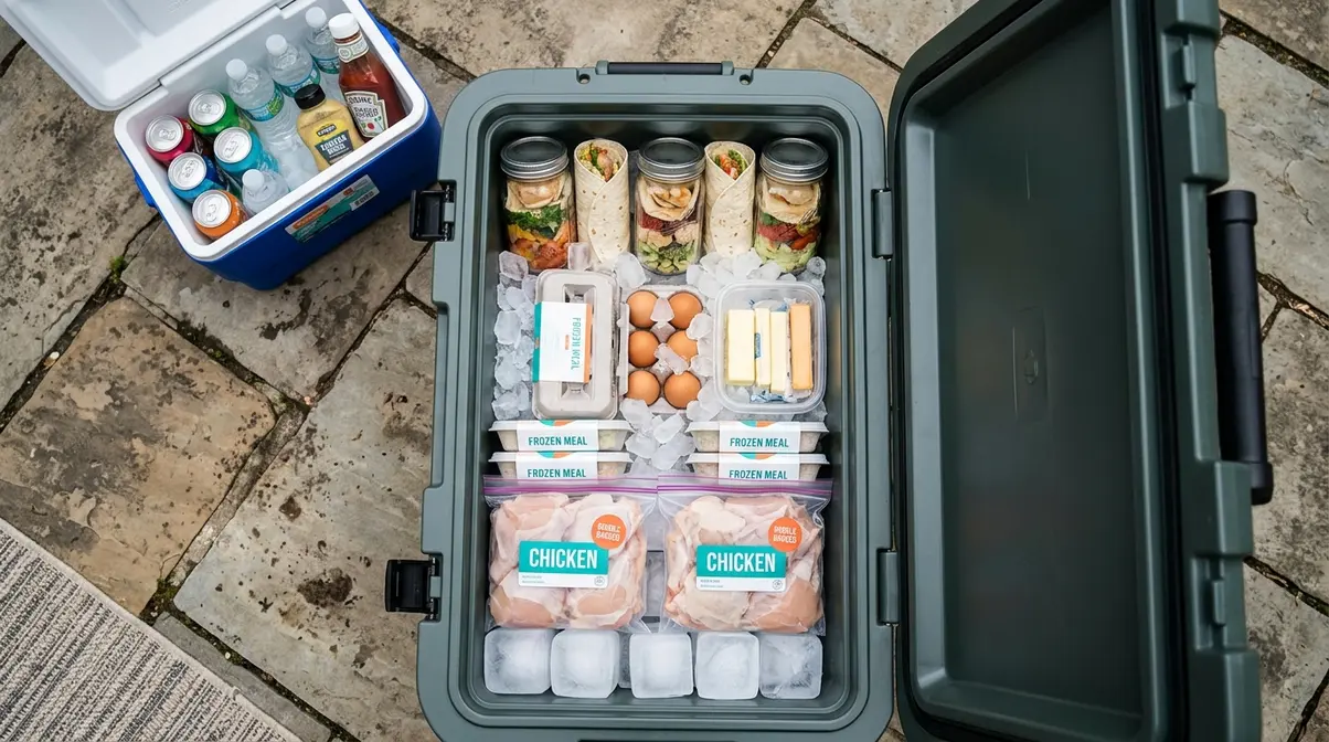 Overhead view of a camping cooler being packed with block ice raw proteins and organized meal bags for food safety