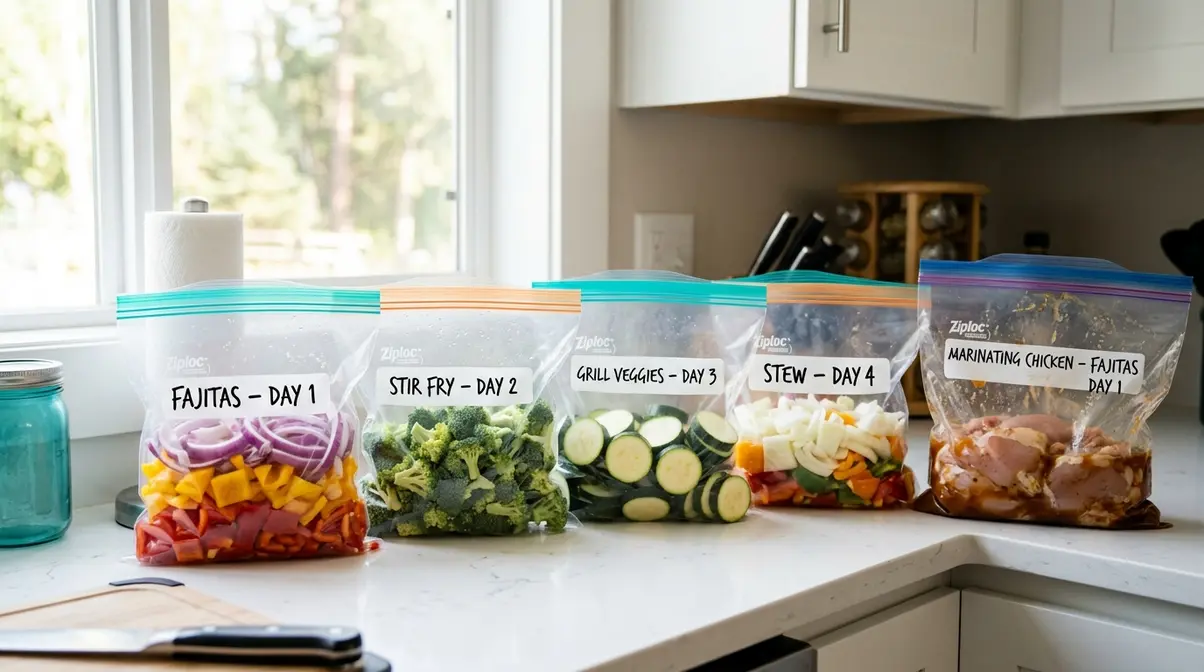 Pre-chopped camping vegetables in labelled freezer bags on kitchen counter ready for campsite cooking