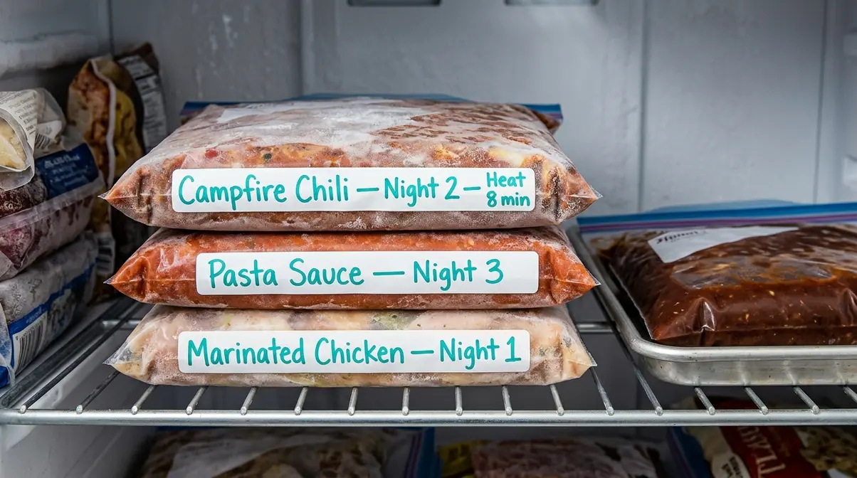 Labeled zip-top bags of pre-cooked camping meals frozen flat in a home freezer ready for the camping trip