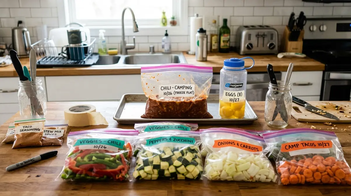 Home kitchen counter with labeled camping meal prep bags of pre-chopped vegetables and frozen chili ready for the trip