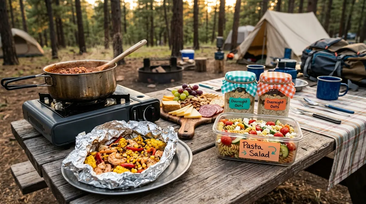Campsite picnic table spread of 12 make-ahead camping meals including overnight oats foil packets and campfire chili