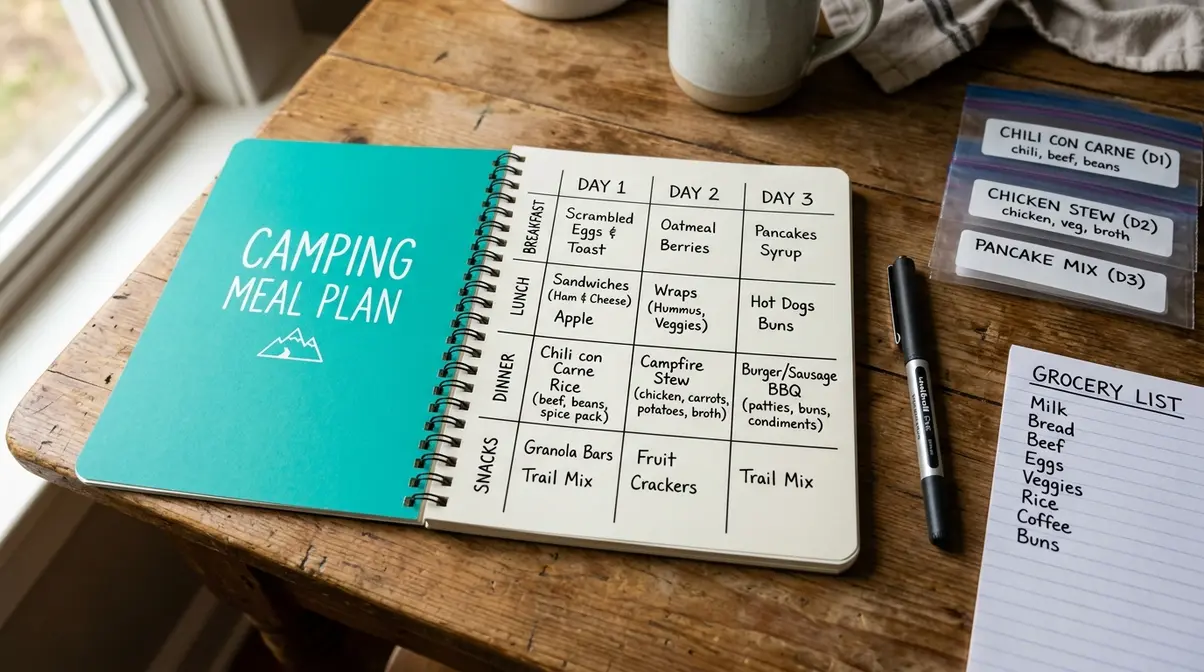 Day-by-day camping meal map grid on a kitchen table with labelled freezer bags and grocery list