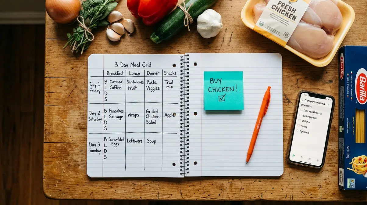Overhead view of a camping meal plan notebook with grocery list and ingredients on a kitchen table