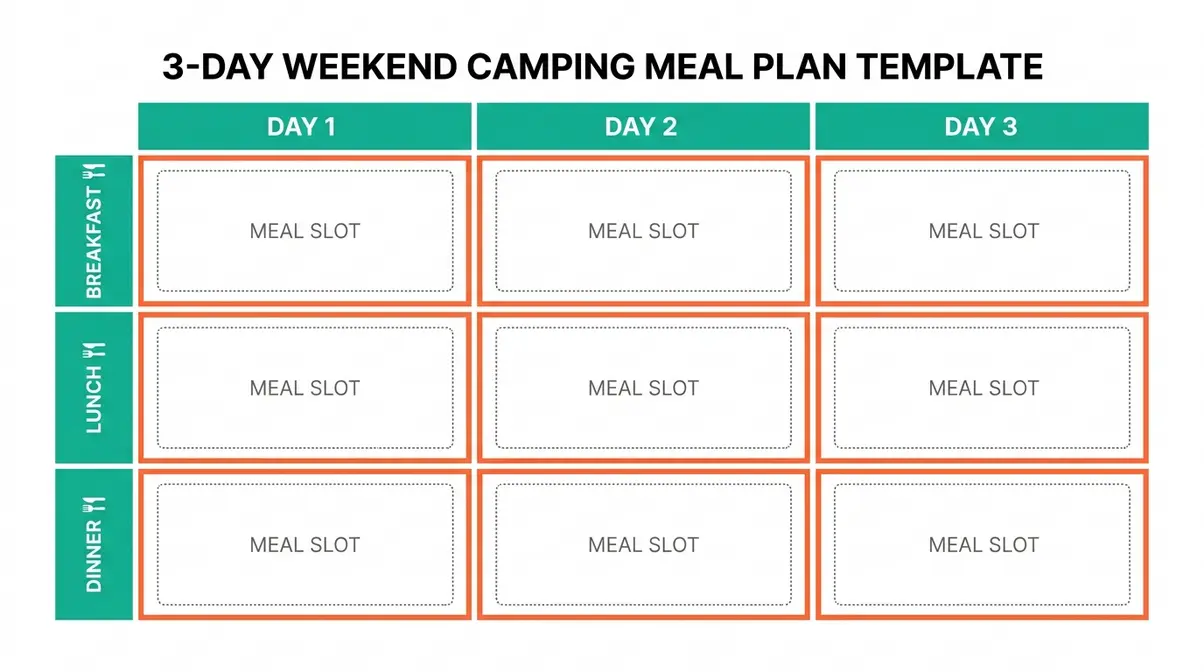 Camping meal plan template grid showing breakfast lunch and dinner slots for a 3-day weekend camping trip