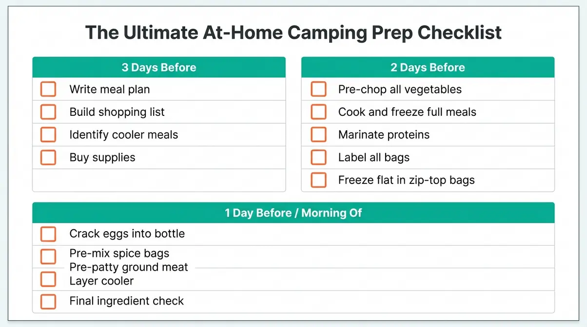 Printable camping meal prep checklist with pre-chopping freezing and packing tasks organized by day