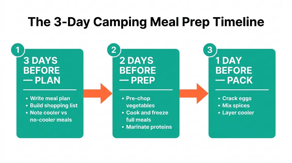 3-day camping meal prep timeline flowchart showing plan prep and pack tasks for each day before the trip