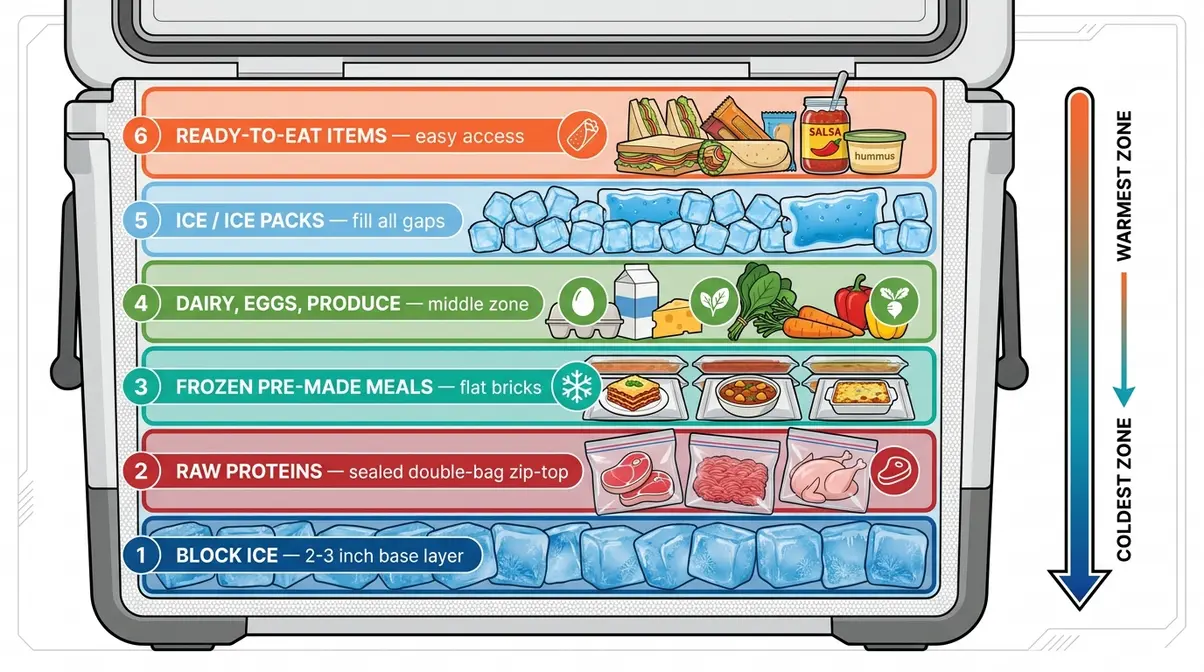 Cooler packing diagram showing layer order for camping food safety with raw proteins at bottom and ready to eat items on top