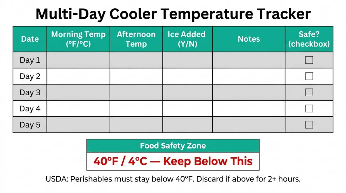 Printable multi-day camping cooler temperature tracker chart for food safety management