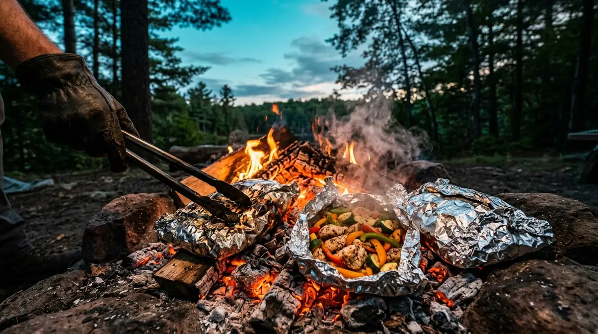 Foil packet camping dinners cooking in campfire coals with steam rising from chicken and vegetables inside