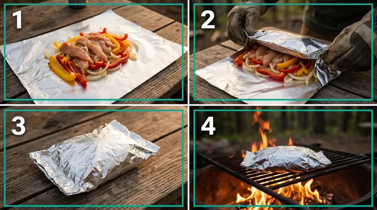 Step-by-step foil packet camping cooking showing ingredients, folding, crimping, and cooking on campfire grill