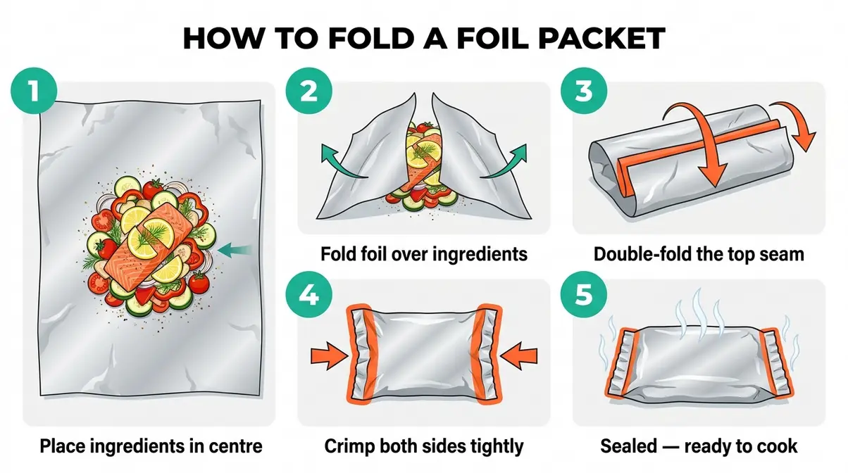 Step-by-step foil packet folding and crimping technique diagram for mess-free camping cooking