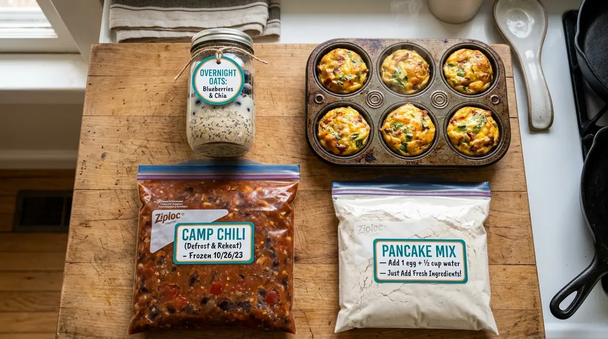 Make-ahead camping meals including overnight oats, egg muffins, frozen chili bag, and pancake mix bag
