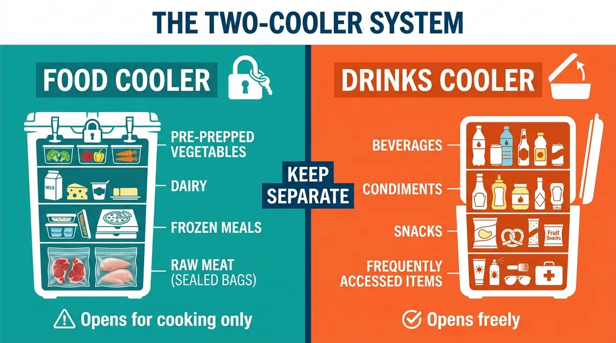 Two-cooler system diagram showing food cooler and drinks cooler separation for camping food safety