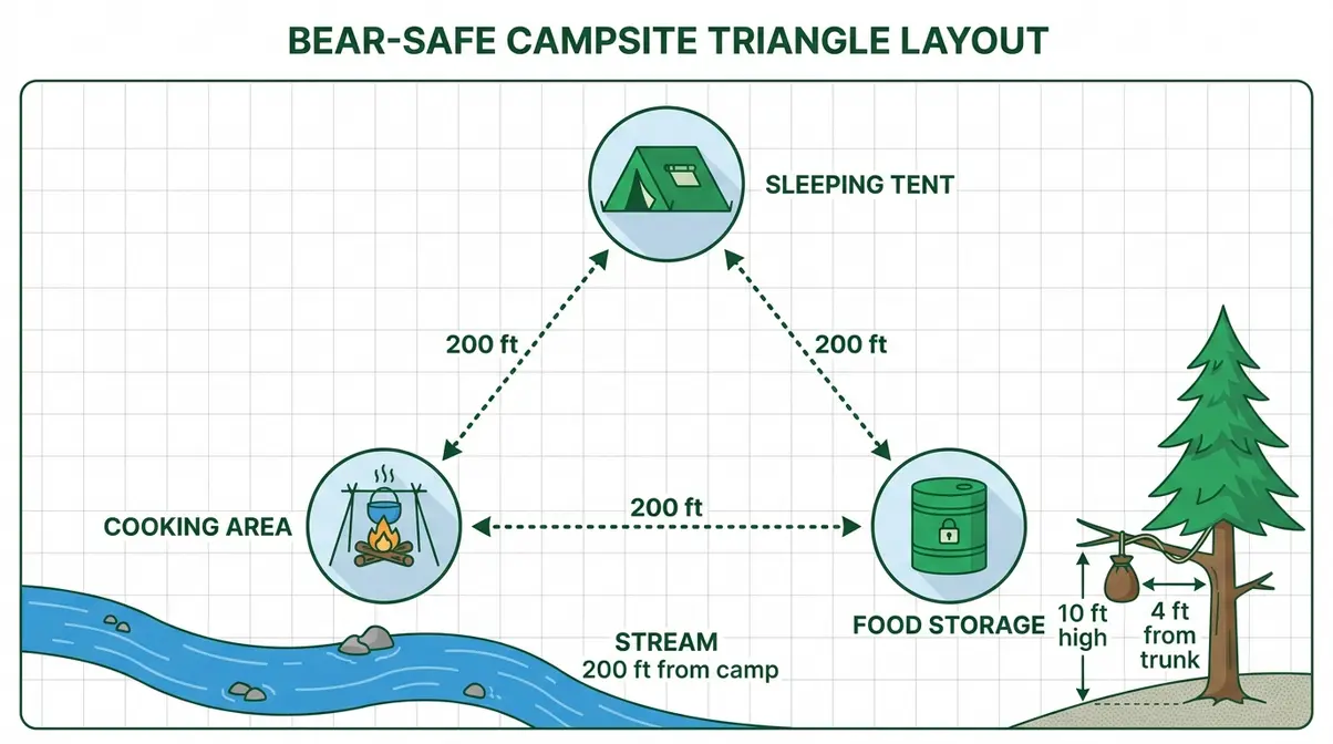 Bear-safe campsite layout diagram showing tent, cooking area, and food storage triangle with distances