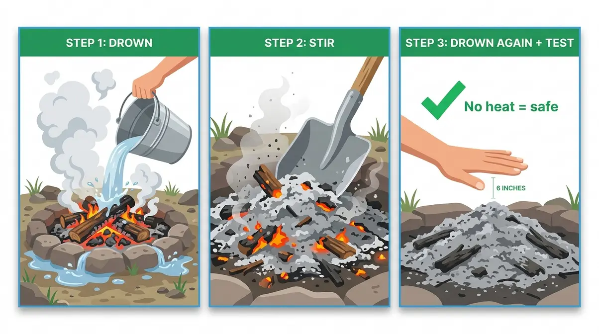 Three-step campfire extinguishing guide showing drown, stir, and drown again method for beginners